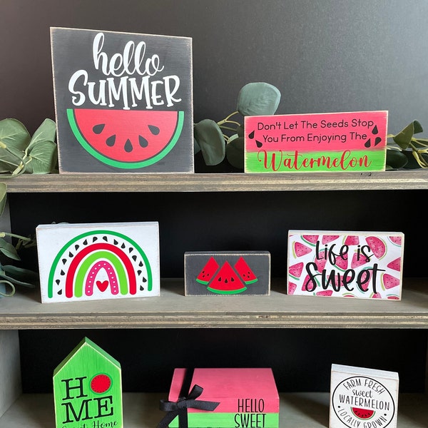 Watermelons, Watermelon Decor, tiered tray decor, shelf sitter, farmhouse, rustic, home decor, summer, sweet, wood blocks, wood signs