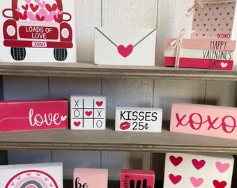 Valentine's decor, wood signs, tiered tray decor, shelf sitter, love, hearts, farmhouse, Valentine's Day