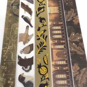 May include: Decorative washi tape rolls with various designs. The rolls feature illustrations of birds, architectural elements, botanical patterns, and a blueprint-style design. The color palette includes shades of brown, gold, and white.