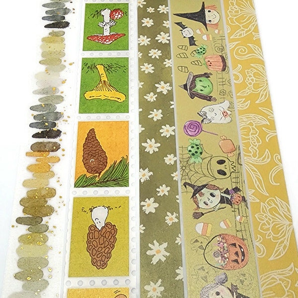 REDUCED! SAMPLE SIZE! Swatches, Foraging Stamp, Daisy, Witches, Yellow Florals - Washi Tape Samples (24 inches -sample size)