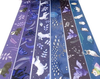REDUCED! SAMPLE SIZE! Navy Blues: Owls, Bats, Wolf, Badger, Glitter Butterflies - Washi Tape Samples (24 inches -sample size)