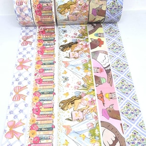 May include: Five rolls of decorative adhesive tape featuring distinct patterns: pink bows on a grid, stacked books with floral accents, figures reading in a garden with butterflies, stylized birds wearing hats, and a blue and white floral lattice.