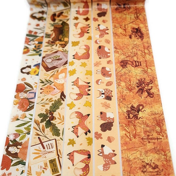 SAMPLE SIZE!  - Foxes, Forest Animals, Mythology, Autumn, Books, Floral - Washi Tape - (24 inch sample)