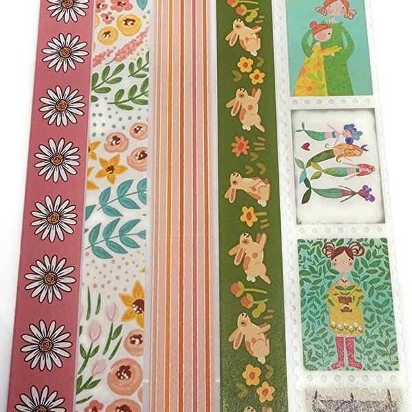 SAMPLE SIZE! Daisies, Delicate Florals, Woodland Rabbits, Stripes, Girl Stamps - Washi Tape Samples (24 inches -sample size)