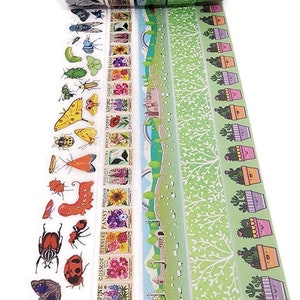 May include: Assortment of colorful washi tapes featuring floral designs, insects, and a whimsical cactus pattern. The tapes are rolled up and displayed on a white background.