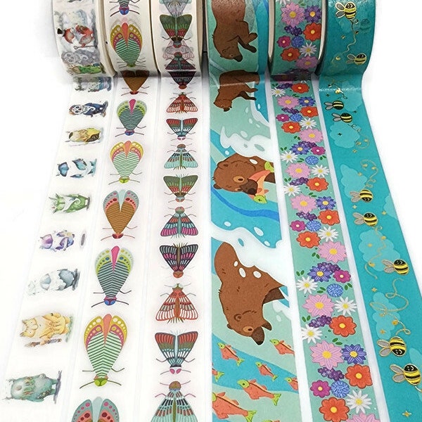 LAST CHANCE! SAMPLE! Forest Spirits, Moths & Bugs, Fishing Bear, Flowers, Bees - Washi Tape Samples (24 inches -sample size)