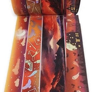 May include: Four rolls of washi tape with different designs. The first roll has a purple and orange gradient with white stars. The second roll has a red and orange gradient with a mountain scene. The third roll has a silver and gold holographic design with a book, wand, and letter. The fourth roll has a red and orange gradient with a spooky house and ghosts.