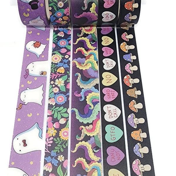 REDUCED! SAMPLE SIZE! Purple Ghosts, Flowers, Octopus Tentacles, Mean Hearts and Mushrooms - Washi Tape Samples (24 inches -sample size)