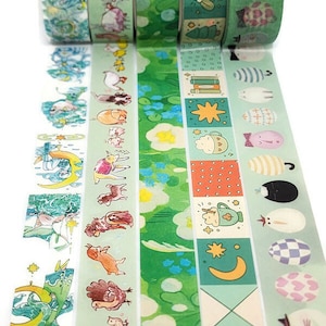 May include: A set of eight washi tapes with various designs, including animals, stars, moons, and geometric patterns. The tapes are all green and white with a pastel color scheme.