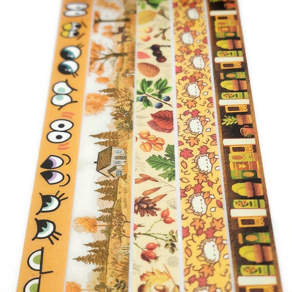 SAMPLE SIZE!  - Cartoon Eyes, Autumn Landscape, Vintage Fall, Leaves, Bookshelves - Washi Tape - (24 inch sample)