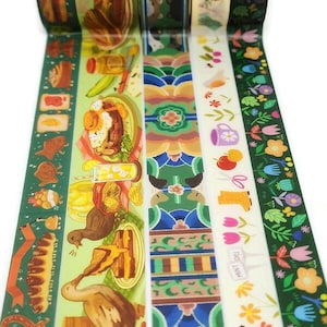 May include: Decorative washi tape rolls with various patterns. Designs include food illustrations, floral arrangements, and geometric shapes. The tapes feature a range of colors, including green, white, blue, and orange. Ideal for scrapbooking, journaling, and crafting projects.