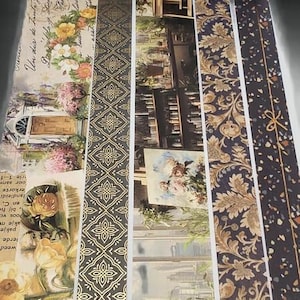 May include: Decorative washi tape rolls with various designs, including floral, geometric, and scenic patterns. The color palette includes gold, cream, and dark tones. Some rolls feature text, adding to the vintage aesthetic.