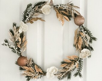 Glittery Orchid and Gold Leaves Christmas Wreath