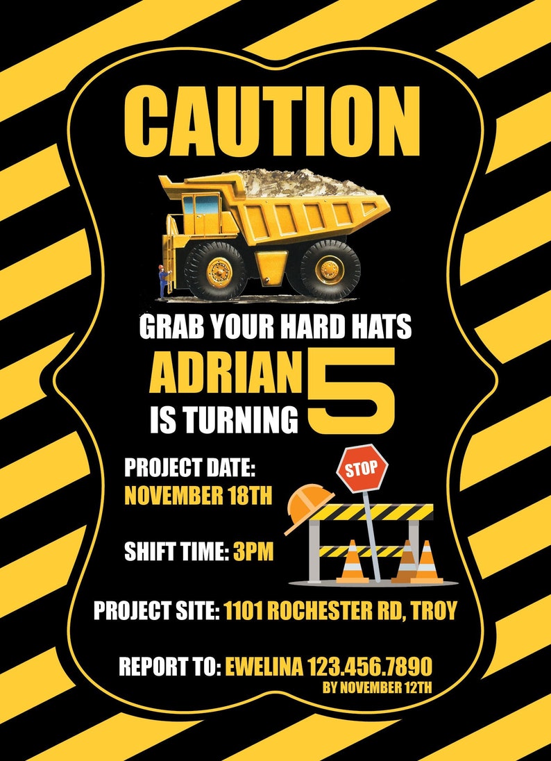 Dump Truck Caution Birthday Invitation black yellow count of 25+