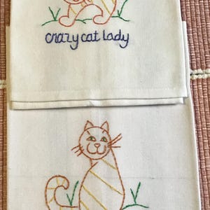 Crazy Cat Lovers, Hand Embroidered Vintage Style Kitchen Towel, Lady or Guy