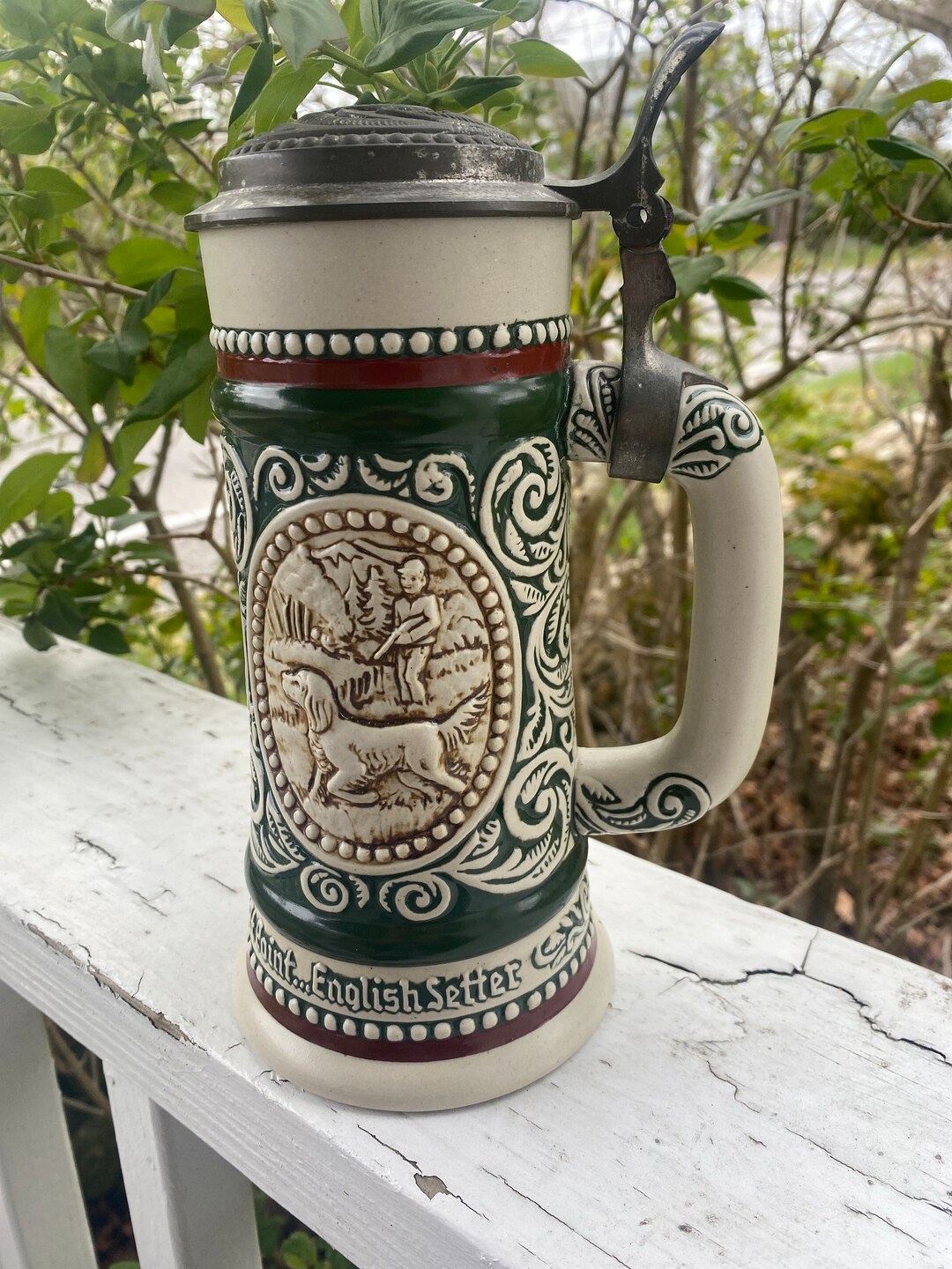 Vintage Avon Beer Stein, 1970s, English Setter, Rainbow Trout, Hunting