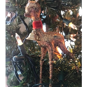 Reindeer Statue, Gold, Glittered with Red Collar and Bell