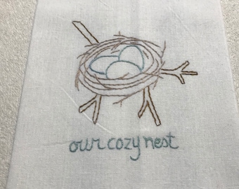 Hand Embroidered Vintage Style Kitchen Towel, Our Cozy Nest