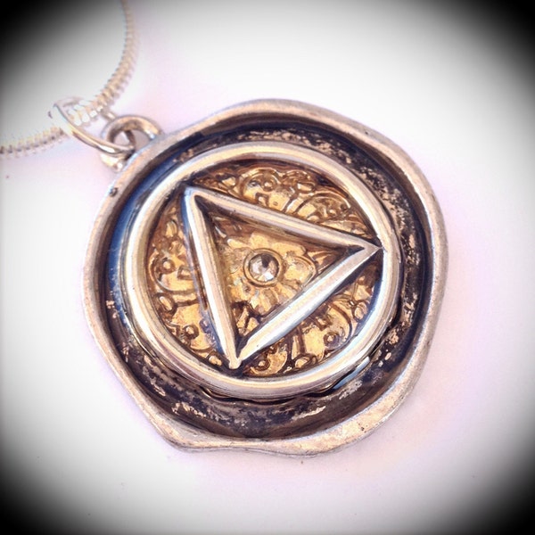 Handmade Original Mixed Metal ............. "Art To Wear" AA  Recovery Resin Pendant.....  "Golden Life" 1" diameter