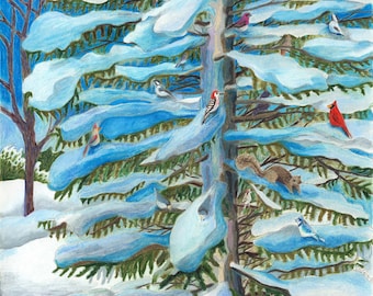 Winter pine tree with birds