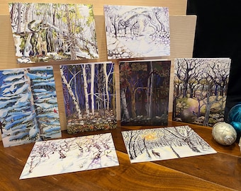 Variety set of eight 5x7” winter landscape cards, blank inside. Set includes 8 different landscape designs created by Jill Estelle.