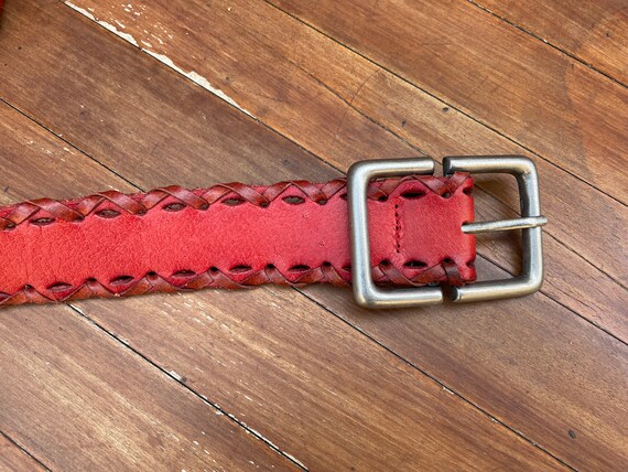 Red Braided Belt, Red Leather Belt w/ laced Borde… - image 2