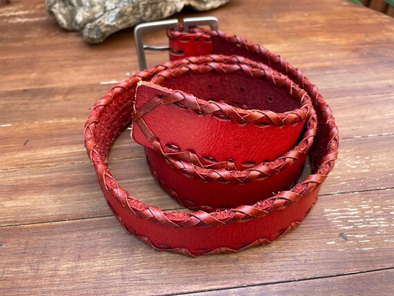Red Braided Belt, Red Leather Belt w/ laced Borde… - image 5