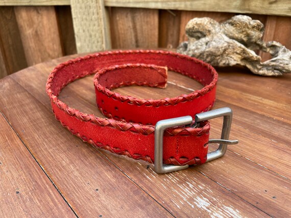 Red Braided Belt, Red Leather Belt w/ laced Borde… - image 3