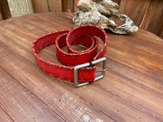 Red Braided Belt, Red Leather Belt w/ laced Borde… - image 1