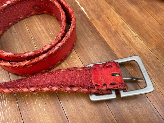 Red Braided Belt, Red Leather Belt w/ laced Borde… - image 6