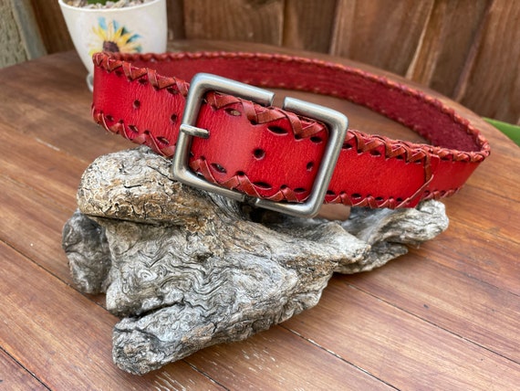 Red Braided Belt, Red Leather Belt w/ laced Borde… - image 8