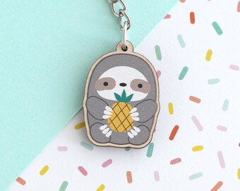 Pineapple Sloth Keychain. Wood Charm. Sloth Wooden Keychain. Animal Lover Gift. Sustainable Eco-Friendly Gift. Cute Keyring. Pineapple Gift