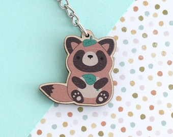 Tanuki Keychain. Wood Charm. Japanese Keychain. Wooden Jewelry. Japanese Gift. Kawaii Keyring. Raccoon Dog. Cute Yokai. Cute Tanuki Gift