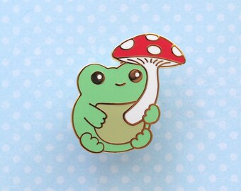 Green Frog Enamel Pin. Frog with Mushroom Umbrella. Pin for Jackets. Frog Badge. Cute Frog Gift. Backpack Pin. Kawaii Frog. Cottagecore Pin