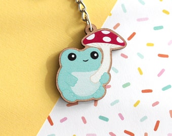 Frog Keychain. Wooden Frog Keyring. Wood Charm. Animal Key Chain. Environmentally Friendly Gift. Cute Frog Accessory. Frog and Mushroom Gift