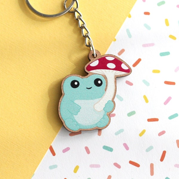 Mushroom Frog Keychain. Wood Charm. Animal Keychain. Wooden Key Charm. Environmentally Friendly Gift. Cute Frog Accessory. Mushroom Gift