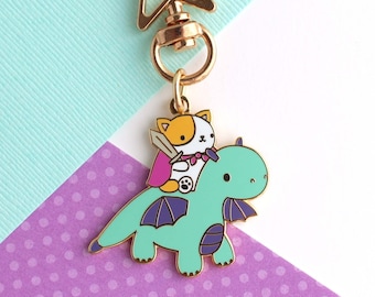 Cat and Dragon Enamel Keychain (Turquoise). Orange and White Cat Knight Riding Cute Dragon Keychain