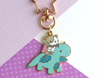 Grey Tabby Cat Knight and Blue Dragon Enamel Keychain. Cute Cat Riding Fantasy Dragon Charm