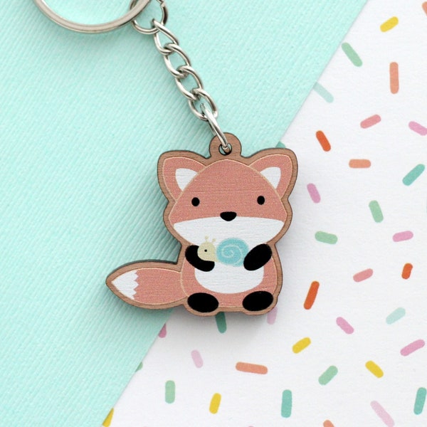 Fox Wooden Keychain. Fox with Snail Wooden Charm. Eco-Friendly Gift. Fox Accessory. Fox Wood Charm. Backpack Keychain. Sustainable Gift