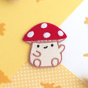 Cute Mushroom Iron On Patch. Red Mushroom Gift. Cottagecore Embroidered Patch for Jackets, Jeans and Backpacks. Smiling Fungi Appliqué