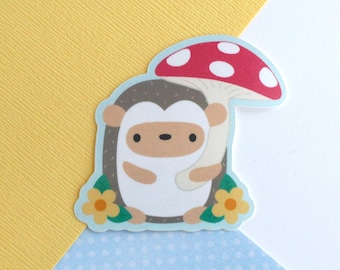 Hedgehog Vinyl Sticker. Cute Animal Sticker. Wildlife Lover Gift. Laptop / Phone Decal. Hedgehog Holding Mushroom. Flower Water Bottle Decor