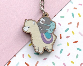 Sloth and Alpaca Keychain. Wood. Wanderlust Gift. Travel Jewelry. Animal Keyring. Llama Wooden Keychain. Funny Llama Gift. Backpack Keychain