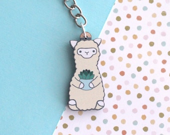 Alpaca Holding Succulent Keychain. Wood Charm. Cute Keychain. Alpaca Gift. Llama Keychain. Backpack Keychain. Sustainable Gift. Plant Lover