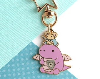 Mouse and Dragon Knight Enamel Keychain (Light Purple). Cute Mouse and Dragon Charm. Funny Fantasy Keychain