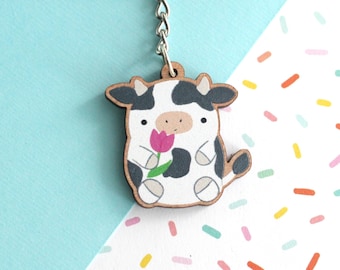 Cute Cow Keychain. Wooden Keyring. Cute Purse Charm. Animal Lover Gift. Sustainable. Eco-Friendly Keychain. Wood Charm. Cow Wood Accessories