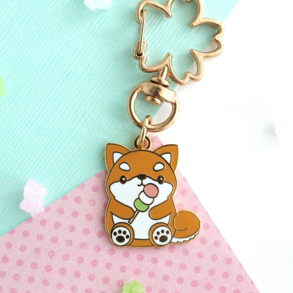 Shiba Inu holding a Dango Enamel Keychain. Dog Eating Japanese Snack Keychain Charm. Colourful Dog Keyring