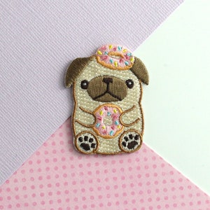Donut Pug Embroidered Patch. Cute Pug Iron on Patch. Pug Lover Gift. Dog holding Donut Embroidered Patch