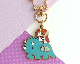 Cavalier King Charles Spaniel Riding a Teal Dragon Keychain. Cute Dog on Dragon Enamel Keychain. Fantasy Purse Charm