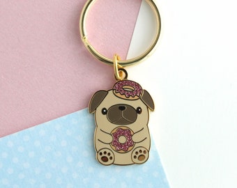 Donut Loving Pug Enamel Pug Eating Donuts Keychain Charm
