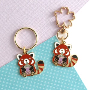 Bubble Tea Red Panda Enamel Keychain. Cute Red Panda Drinking Boba Tea Key Charm